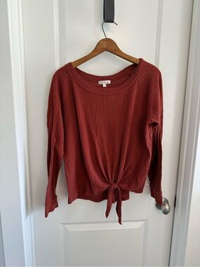 Waffle Knit Tie-Front Top - Rust